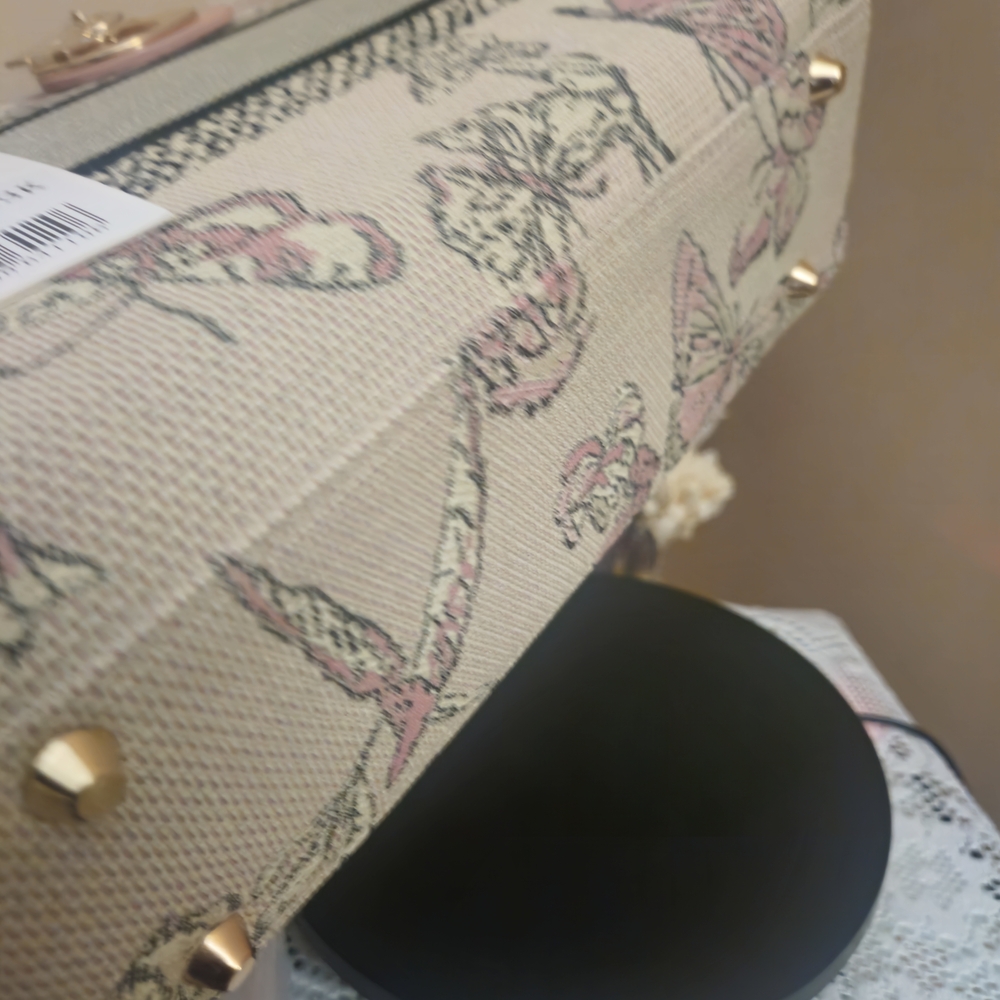 Floral Pink Accent Tote Bag with Gold Hardware - Picture 5 of 11